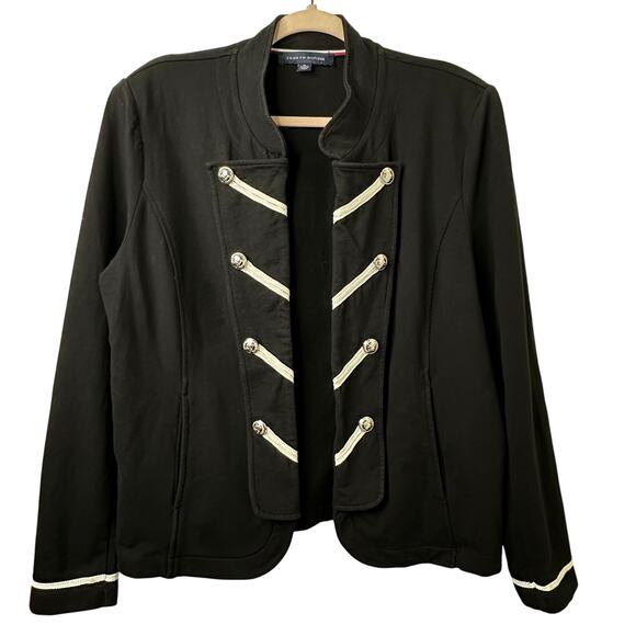XL Tommy Hilfiger Black White Band Jacket Military Silver Button Statement Punk - Picture 2 of 9